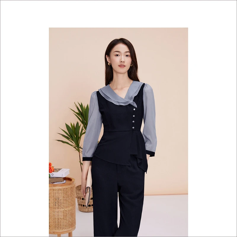 YINER音儿女装春季法式收褶木耳边收腰显瘦通勤衬衫8C64170048