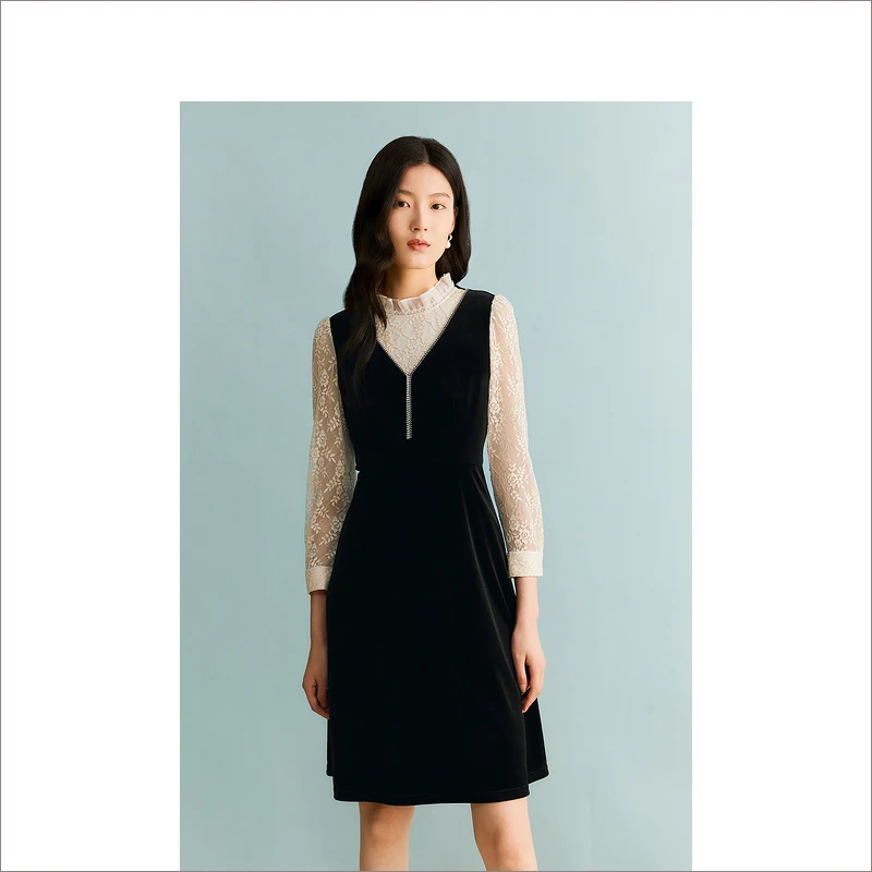 YINER音儿女装秋季时尚气质蕾丝复古丝绒显瘦连衣裙8C63305416