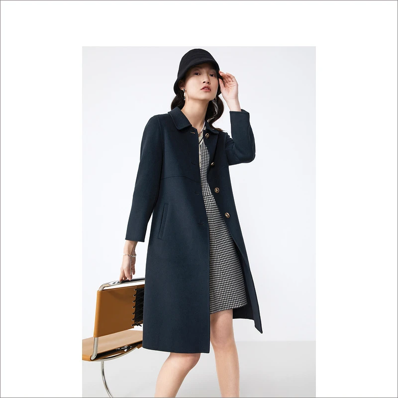 YINER音儿女装冬季长款气质显瘦翻领纯羊毛双面呢大衣8C41580036