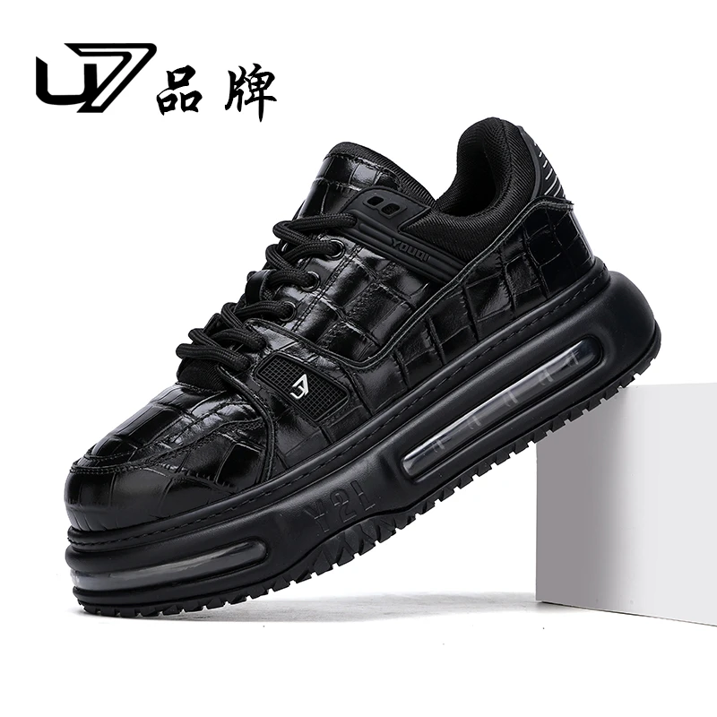 U7品牌男鞋真皮透气厚底增高板鞋2025新款时尚系带舒适男士面包鞋