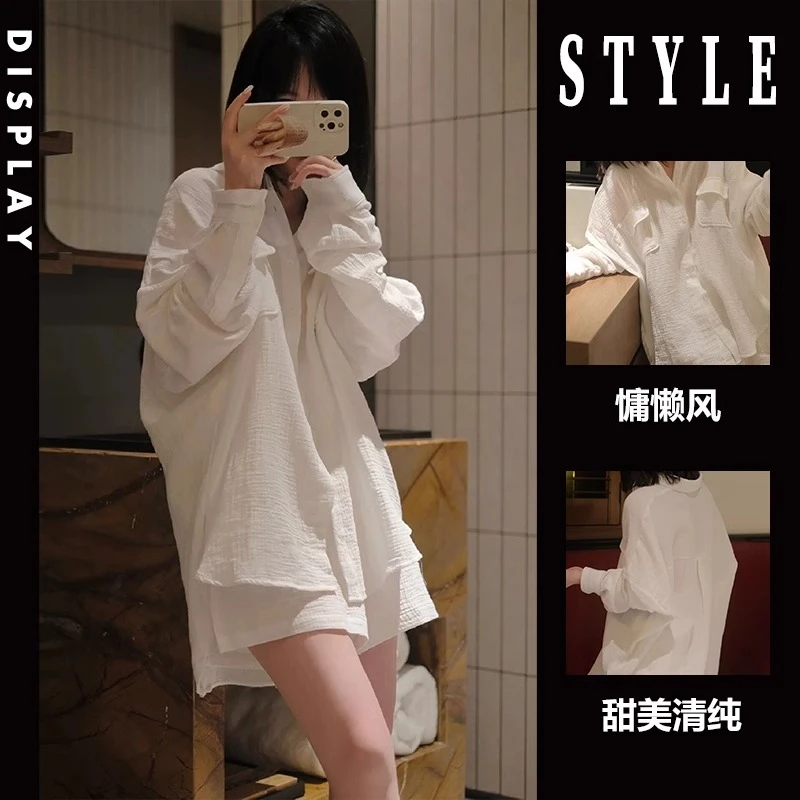 春秋纱布睡衣女夏款2024新款宽松感慵懒风长袖家居服大码套装