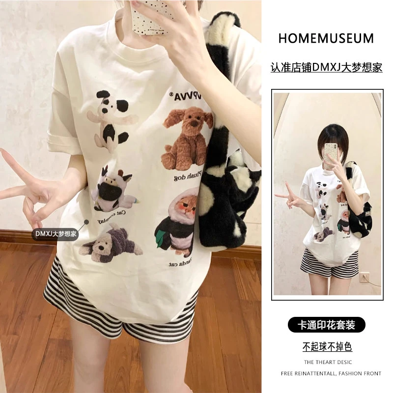卡通圆领短袖睡衣女夏季2024新款可爱休闲家居服睡衣睡裤套装外出