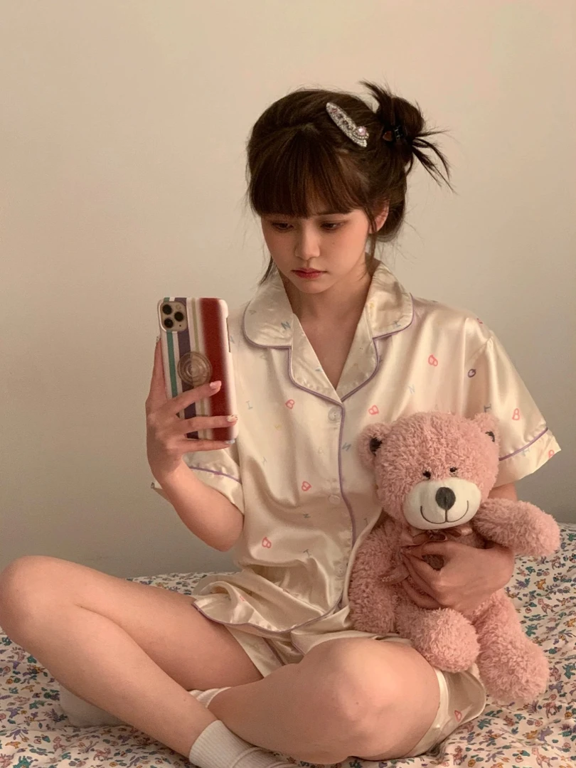 冰丝睡衣夏天韩版甜美字母印花短袖睡衣女夏款2024新款家居服套装