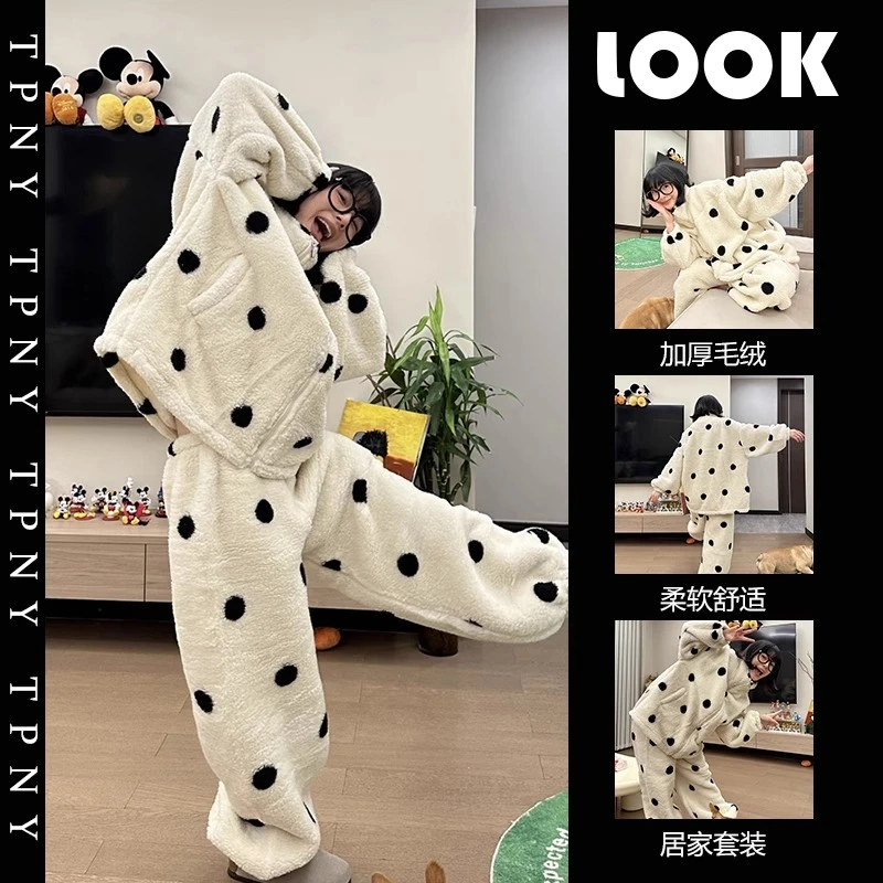 韩版波点印花珊瑚绒睡衣女居家2023年新款加绒春秋毛绒家居服套装