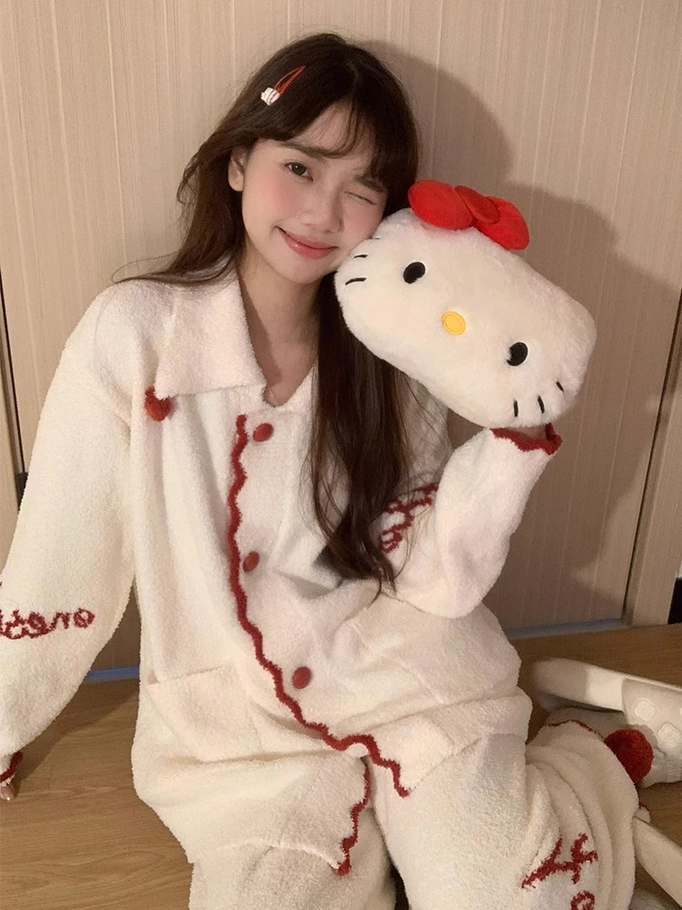 韩版少女半边绒睡衣女冬季2024年加厚毛绒针织开衫长裤家居服套装