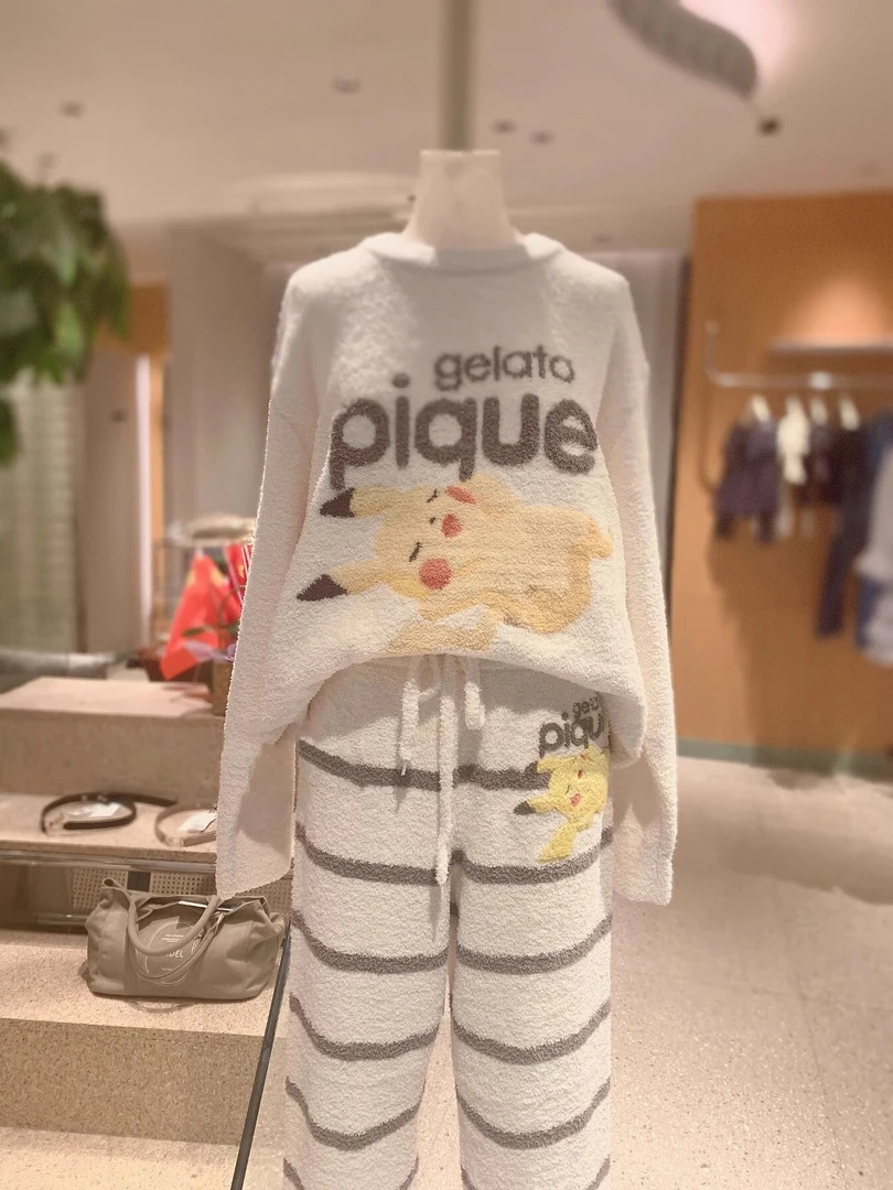 韩版甜美少女卡通半边绒长袖睡衣女冬季新款家居加厚加绒保暖套装