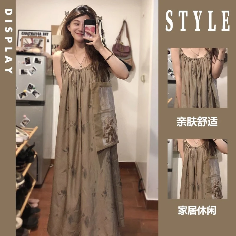 内衣中式韩版时尚睡衣夏季大码国风气质吊带睡裙薄款宽松外出长款