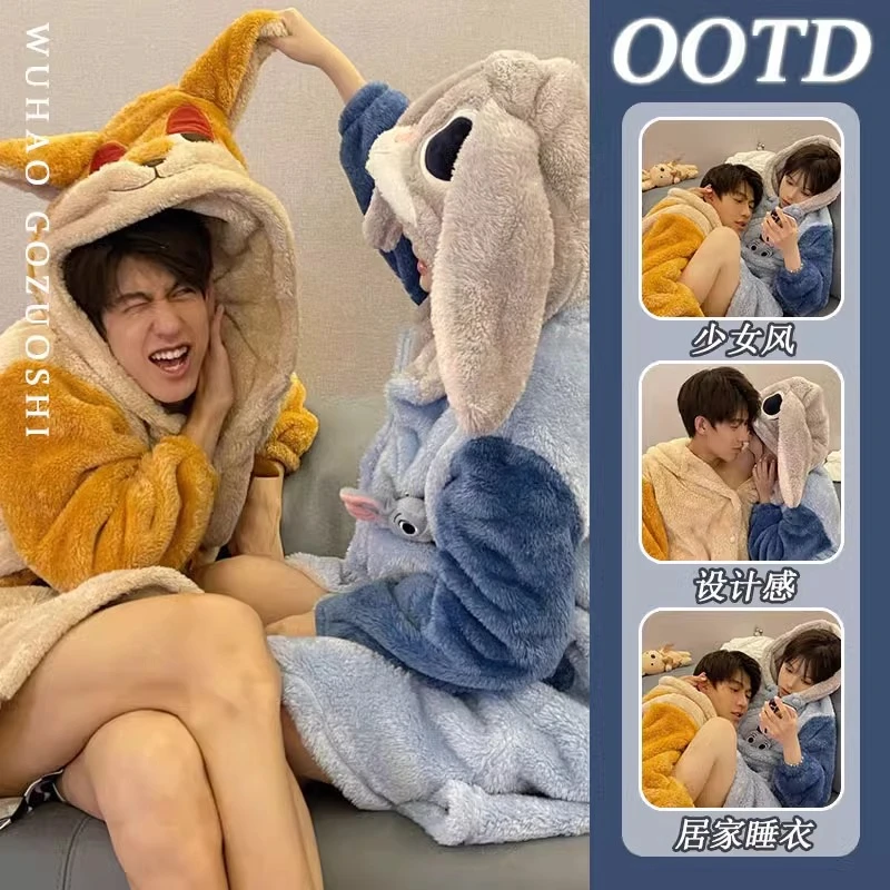 情侣款珊瑚绒情侣睡衣2023冬季大码加厚保暖卡通狐狸连帽睡裙睡袍