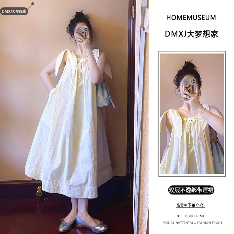 甜美气质吊带睡裙女款夏天2024新款绑带不透爆款家居服睡裙可外穿