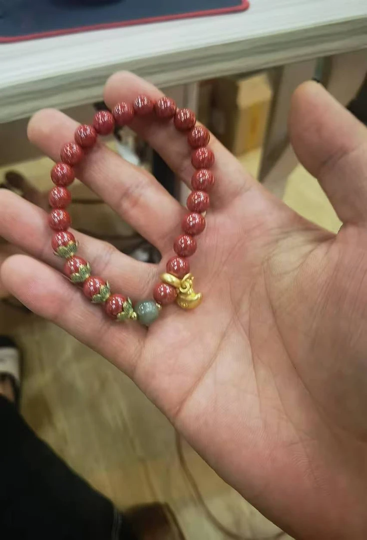 辰砂（处理）朱砂莲花款带元宝手串