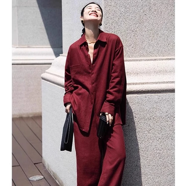 安可拉红亚麻套装女初秋穿搭高级慵懒松弛感宽松衬衫阔腿裤两件套