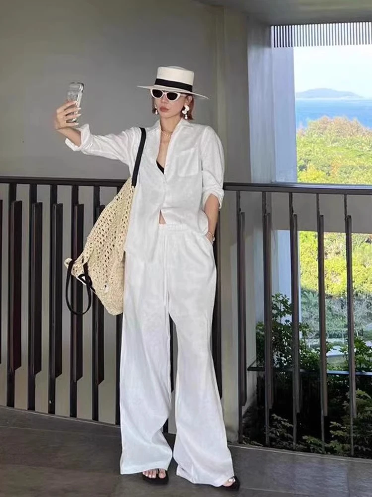 秋季新款休闲松弛感长袖衬衣阔腿裤两件套女极简白色棉麻衬衫套装