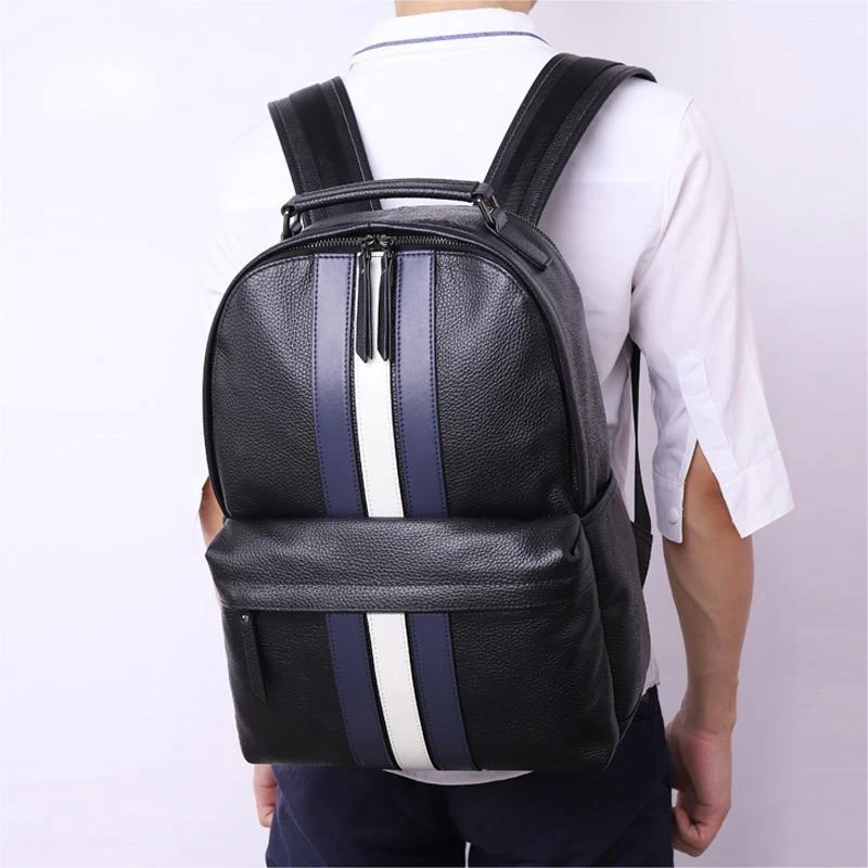 多功能男士百搭头层牛皮双肩背撞色时尚潮流真皮个性商务户外休闲