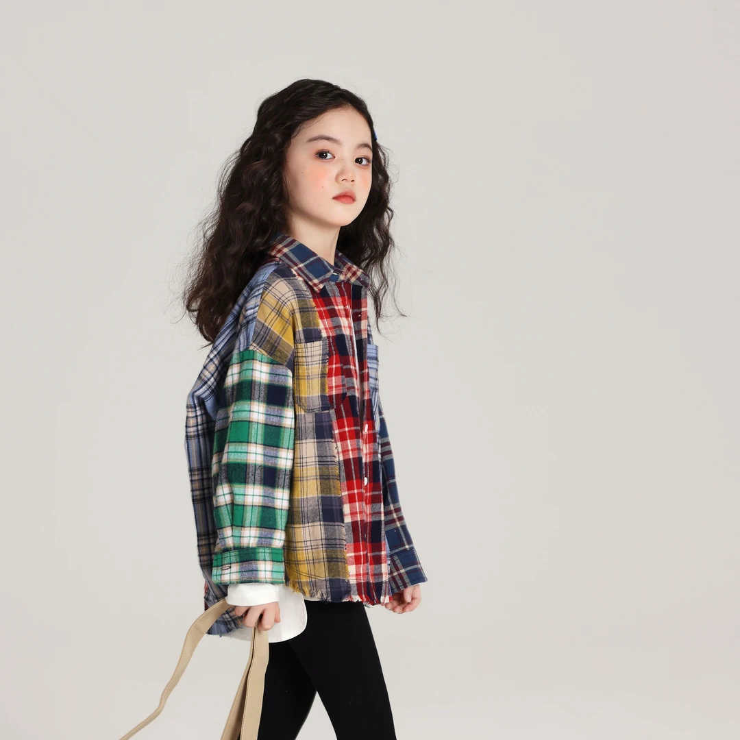 布丁哈鲁【马德拉斯格 】24秋款长袖休闲拼接翻领格子衬衫G43TQ475