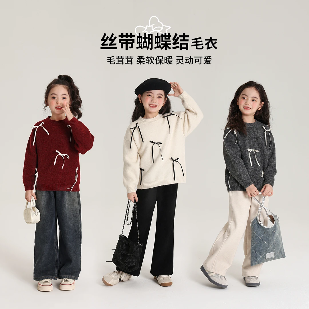 布丁哈鲁【丝带结 】2024冬季女童宽松韩系蝴蝶结针织毛衣G44TB595