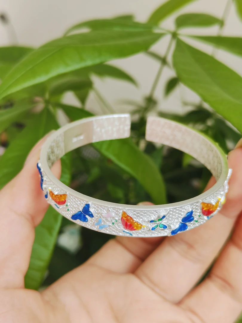 足银手镯 足银999.9珐琅彩色精美时尚蝴蝶开口手镯（41克左右）