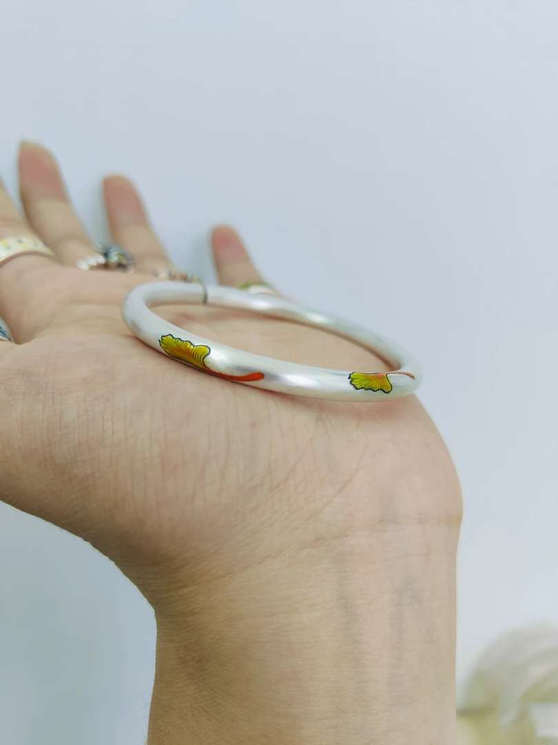足银手镯 足银999.9珐琅彩银杏叶手镯