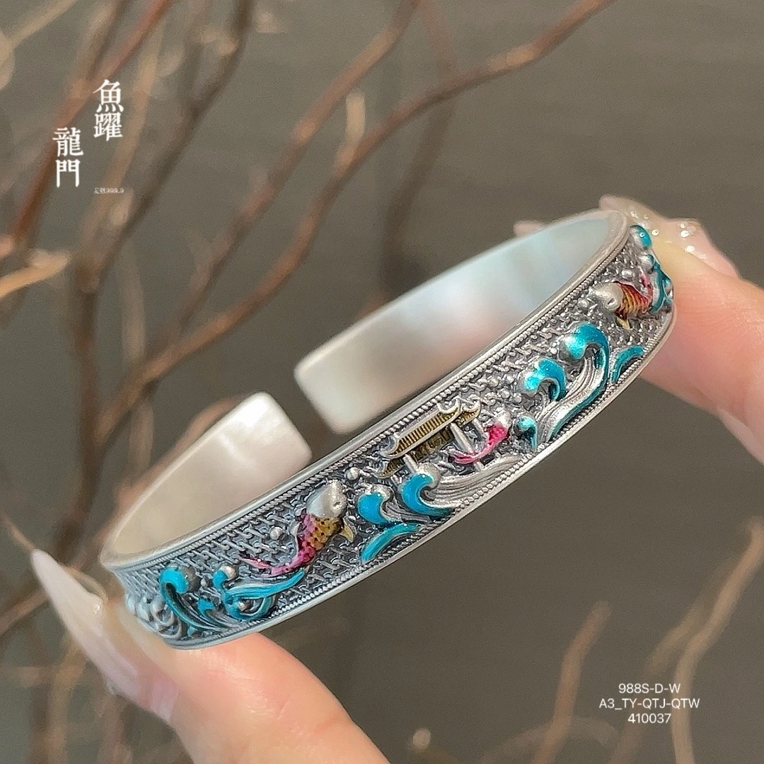 足银手镯 足银999.9鱼跃龙门古法做旧手镯国风精美镯子（38克左右）