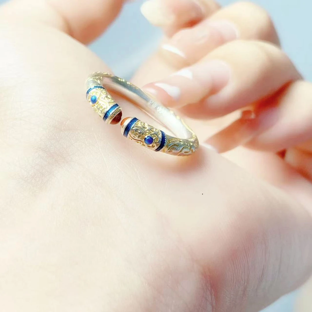 足银戒指 足银999.9卷草纹描金如意对口珐琅戒指个性独特时尚百搭