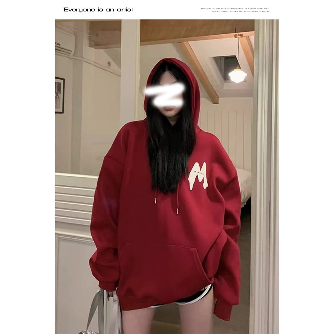 F1267字母M印花连帽卫衣带口袋长袖厚款