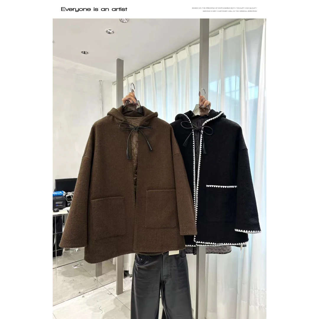 61332拼色休闲斗篷外套连帽百搭秋冬厚上衣