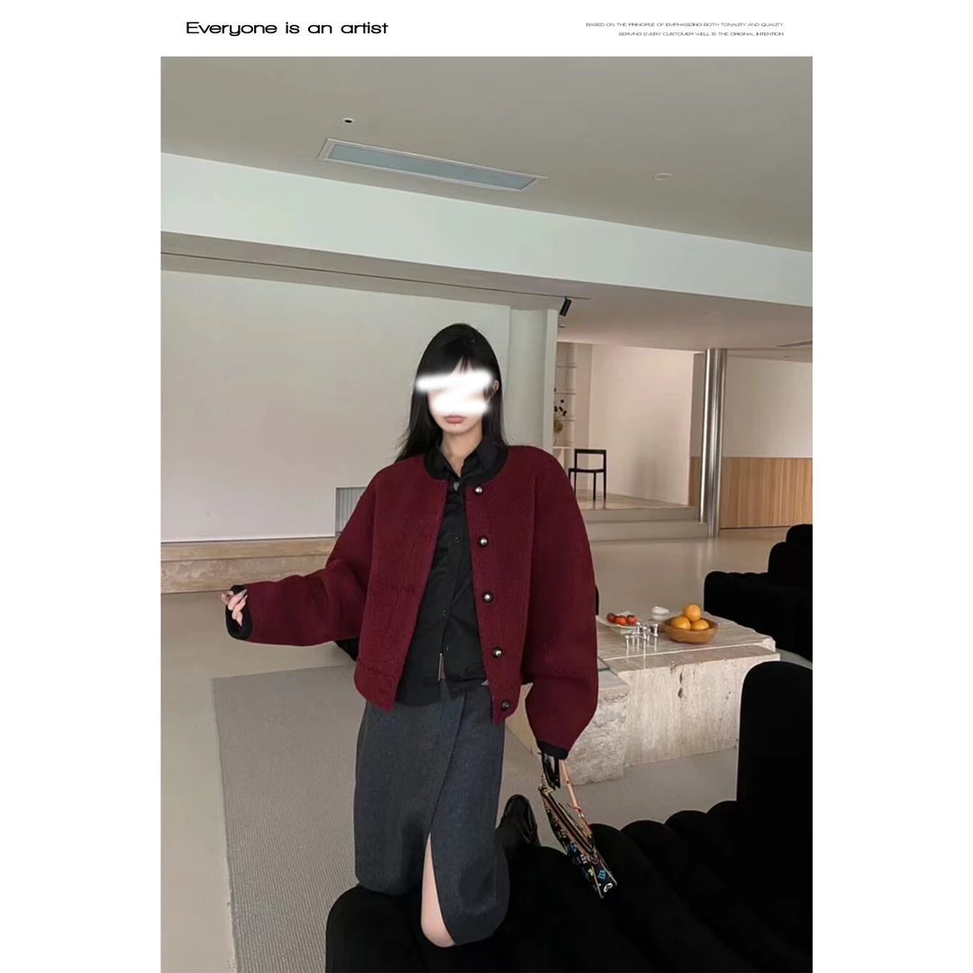 61128拼色毛毛外套带领高级气质小香风