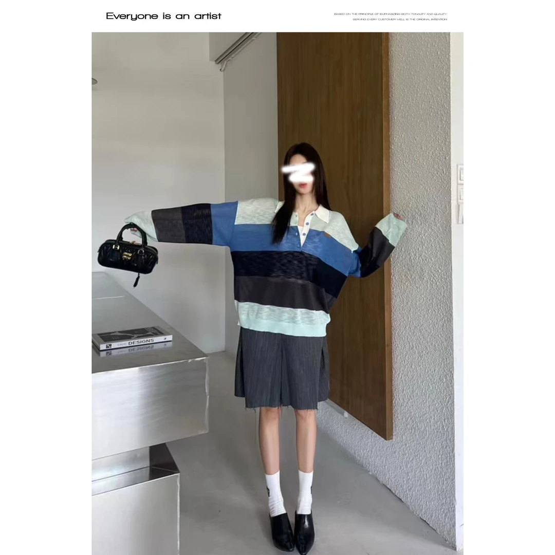 34112长袖Polo领上衣撞色拼接