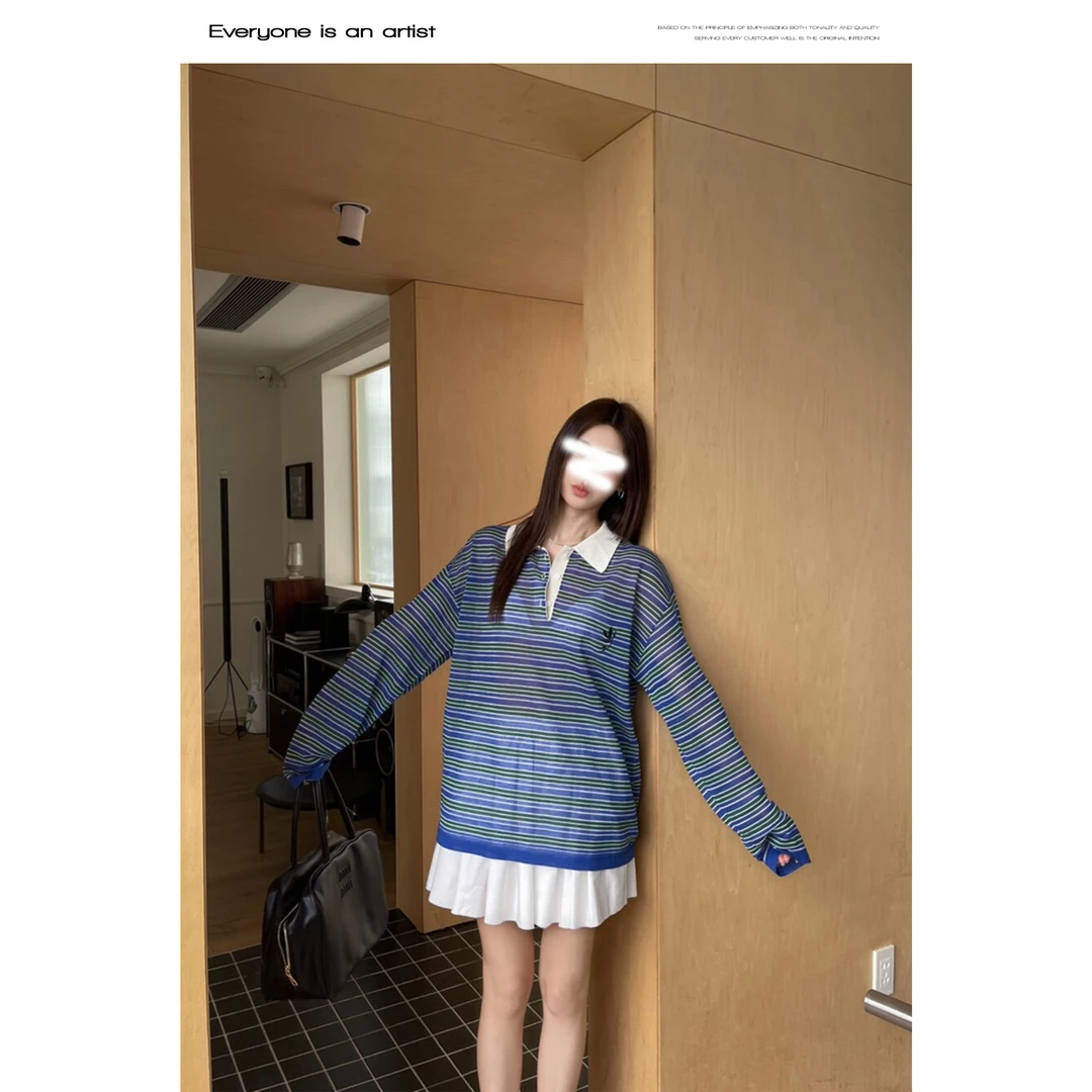 34060条纹POLO领针织上衣百搭时尚T