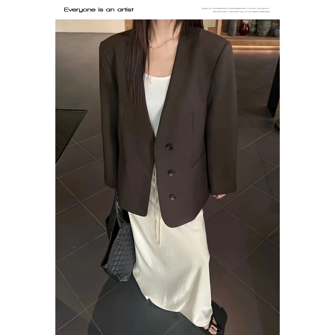 60983 西装V领纯色百搭宽松遮肉高级