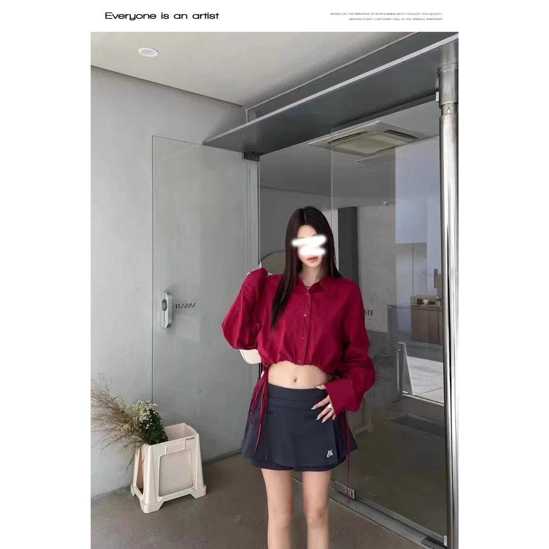 34062收腰下摆抽绳长袖短款衬衫减龄显高纯色衬衣