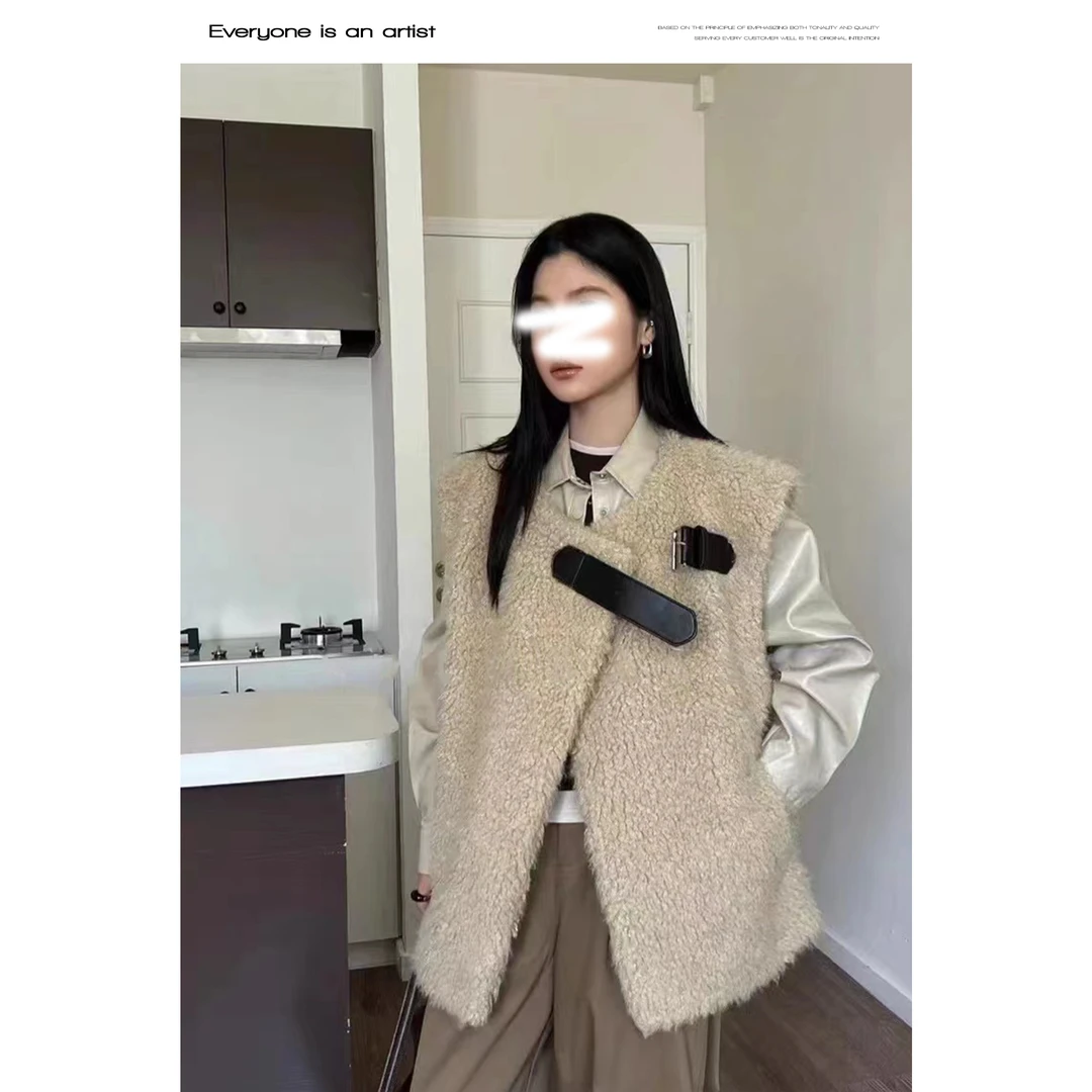 61206圆领毛毛宽松马甲口袋无袖高级感外套