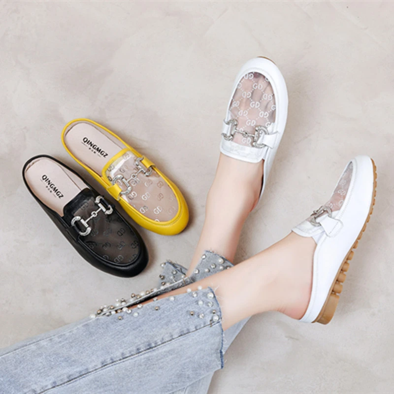 网纱包头半拖鞋2023年夏季新款平底舒适百搭孕妇宝妈透气凉拖女鞋