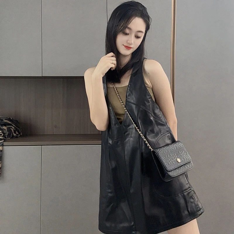 新款真皮连衣裙女A字裙中长款吊带裙绵羊皮韩版显瘦中长款皮裙潮