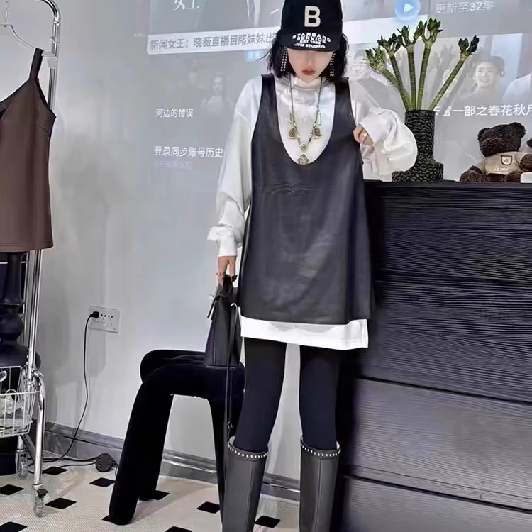 欧货新款真皮套头马夹时尚A字版连衣裙背心女外搭休闲2392