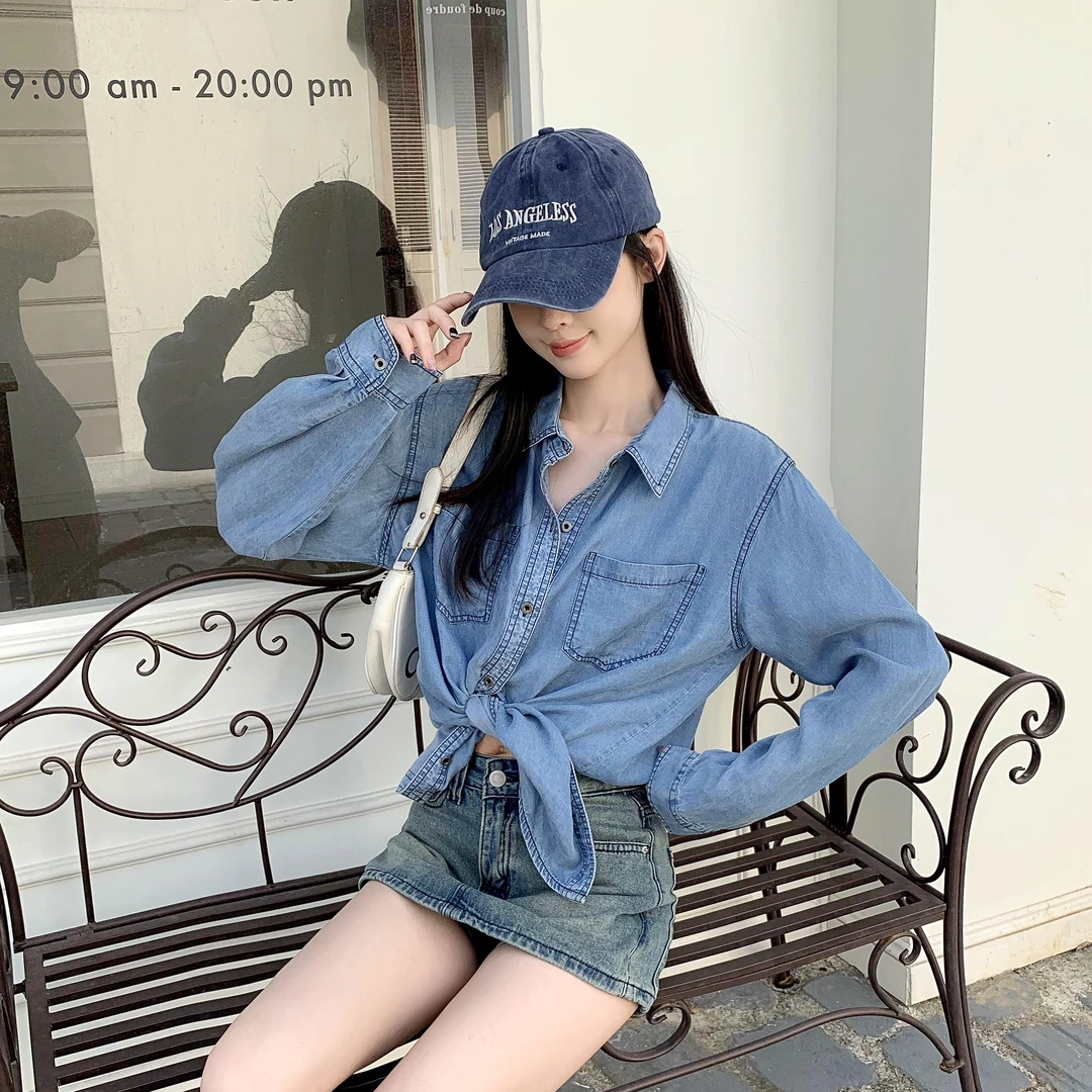 100%莱赛尔复古牛仔衬衫防晒衣宽松薄款叠穿上衣长袖外套