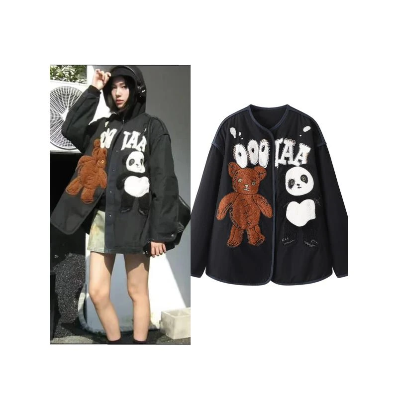 KS 1525 冬季新品复古卡通小熊贴布刺绣时尚设计圆领长袖棉服外套