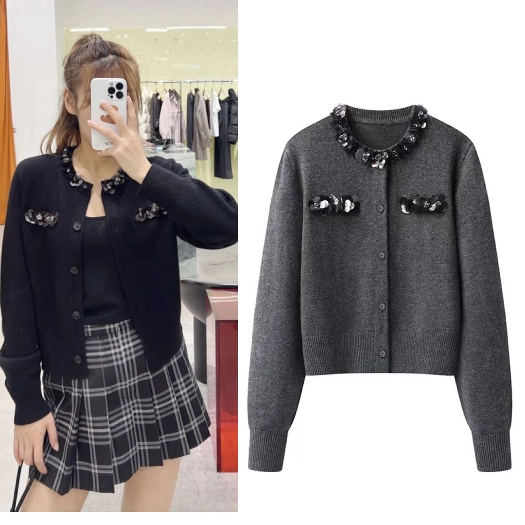 KS 5542 冬季新品圆领重工手工亮片设计小香风式百搭长袖针织开衫