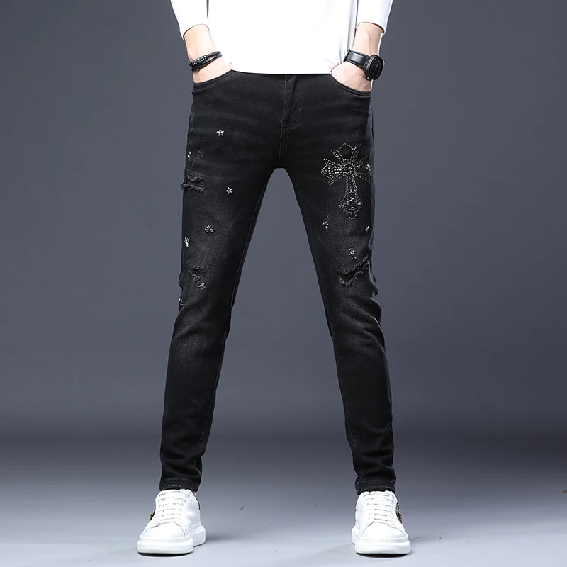 秋冬款黑色重工烫钻欧货男士牛仔裤修身小脚裤高端弹力休闲裤8903