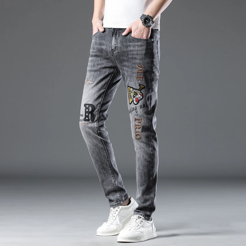 四季款黑灰色刺绣老虎欧货男士修身小脚高端弹力牛仔裤休闲裤A807