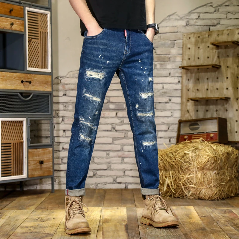 四季款破洞补丁蓝色弹力牛仔裤男士牛仔修身小脚裤弹力休闲裤K36