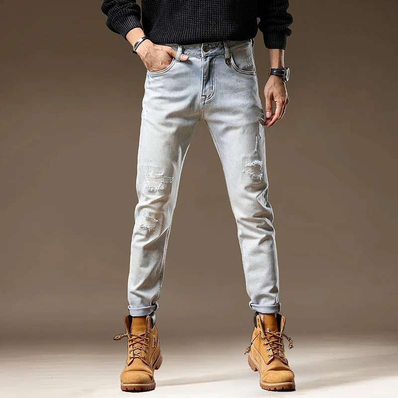 浅色破洞牛仔裤男弹力修身小脚裤2024春秋百搭休闲裤男士长裤2953