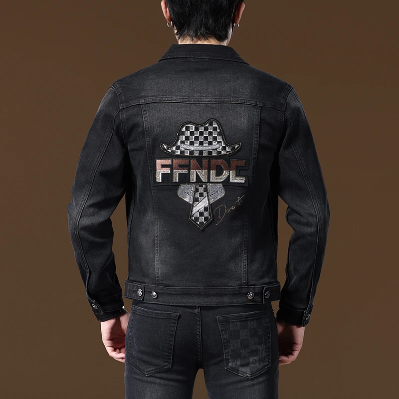 高端黑色绣花牛仔外套男春秋新款翻领夹克休闲修身牛仔外套5100