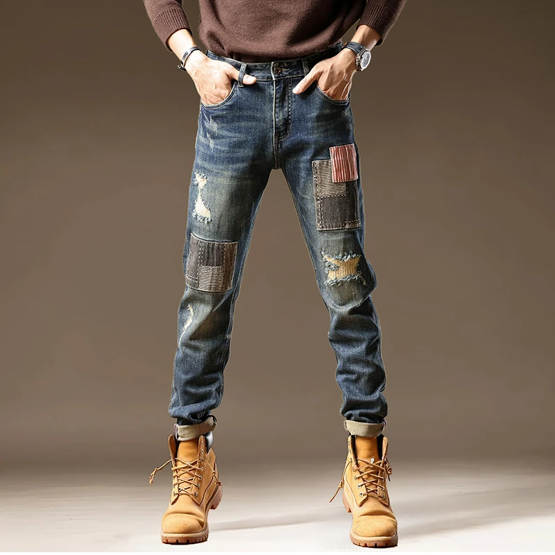 乞丐破洞牛仔裤男潮牌高街痞帅复古修身小脚裤男2024秋冬新款2982