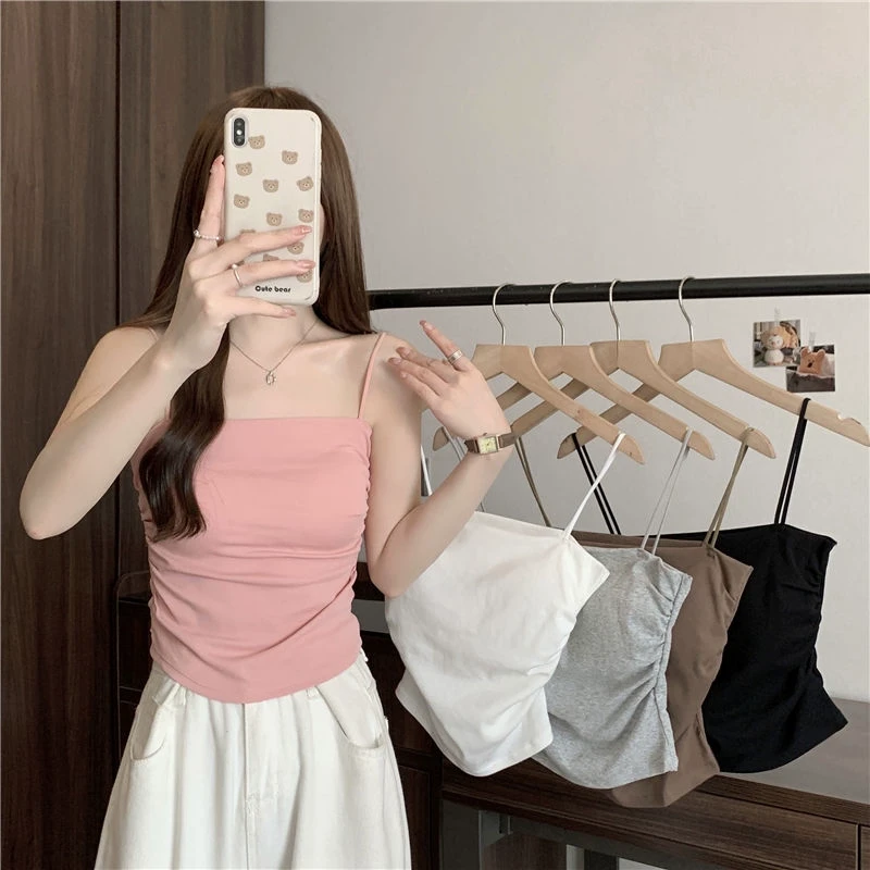 燕莉安少女性感百搭吊带背心女内搭外穿褶皱设计收腰显瘦打底上衣