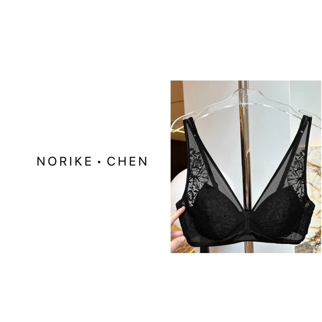 Norike/Norike深V领刺绣网纱拼接真丝素绉缎包边文胸101117