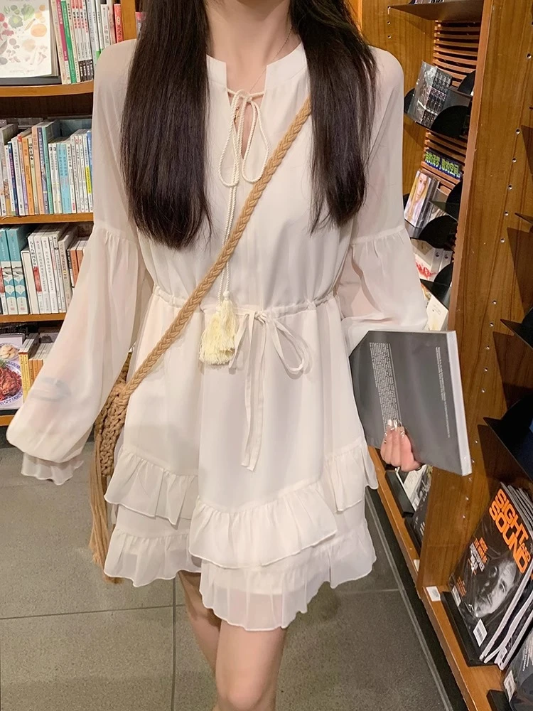 大码女装初恋少女风绑带A字短裙子女夏设计感收腰显瘦雪纺连衣裙