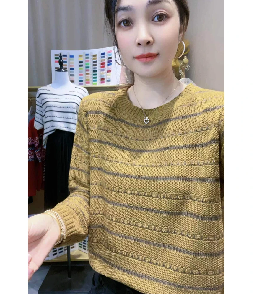 【长袖】2024-定制条纹宽松百搭工艺显瘦圆领新款秋季针织上衣气质