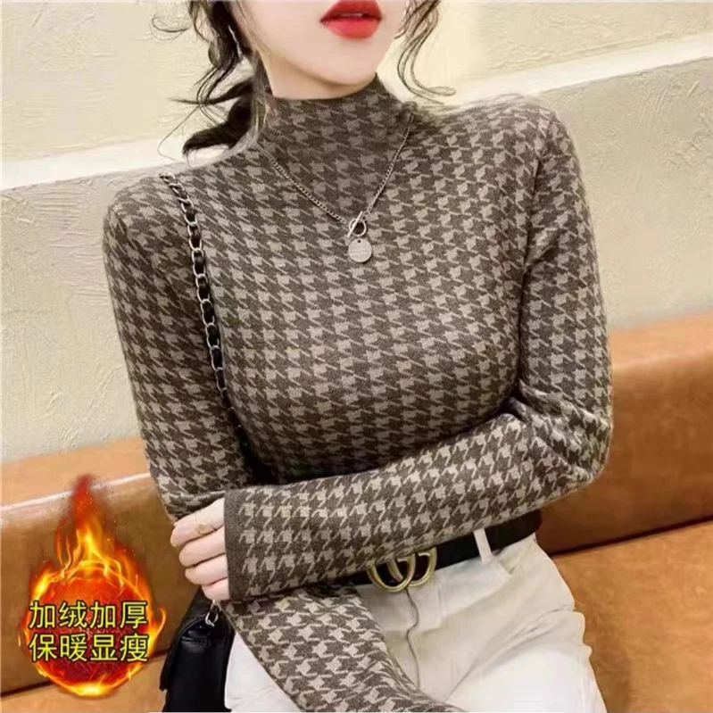 【汪姐家】一体绒千鸟格半高领时尚打底加厚针织秋冬2022新款毛衣