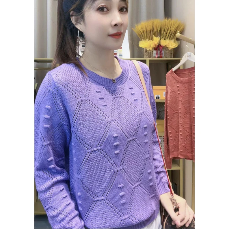 菱形镂空泡泡新款秋季时尚洋气百搭宽松条纹长袖圆领秋冬针织毛衣