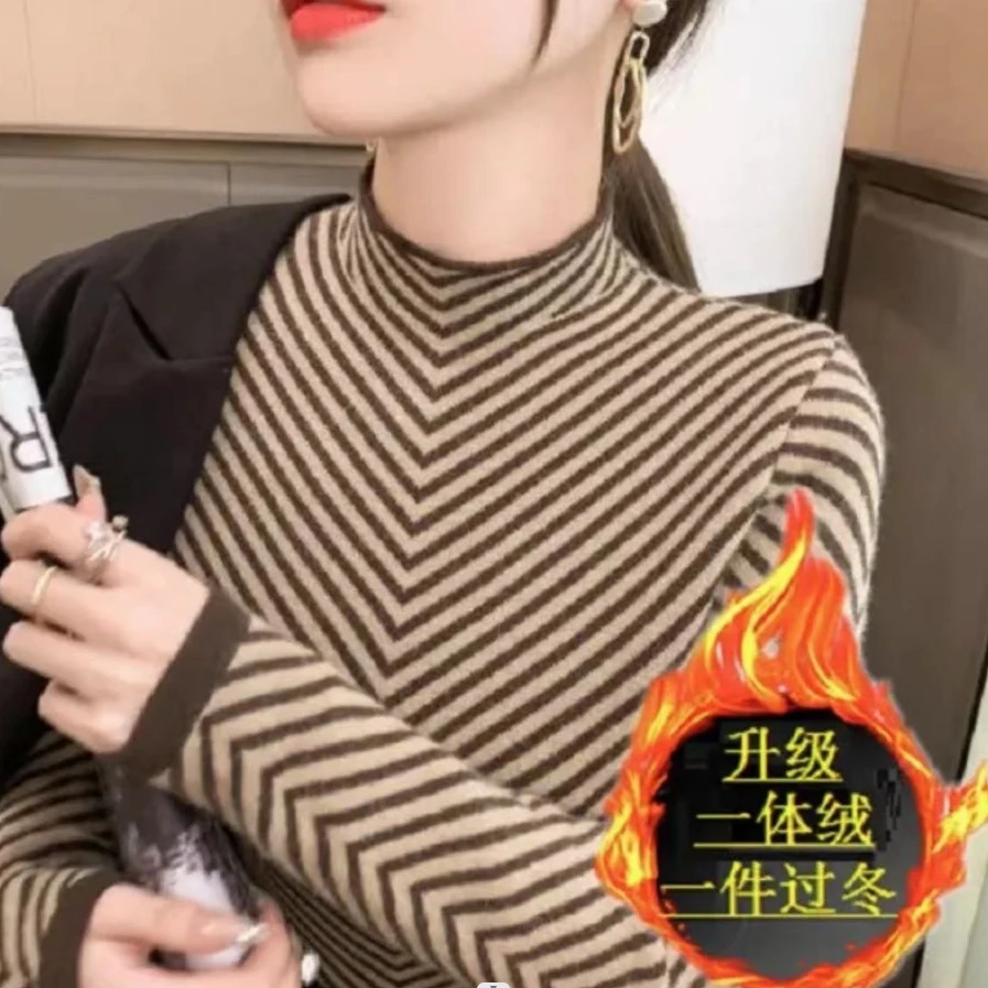 【汪姐家】一体绒斜条纹半高领洋气时尚打底加厚针织秋冬新款毛衣